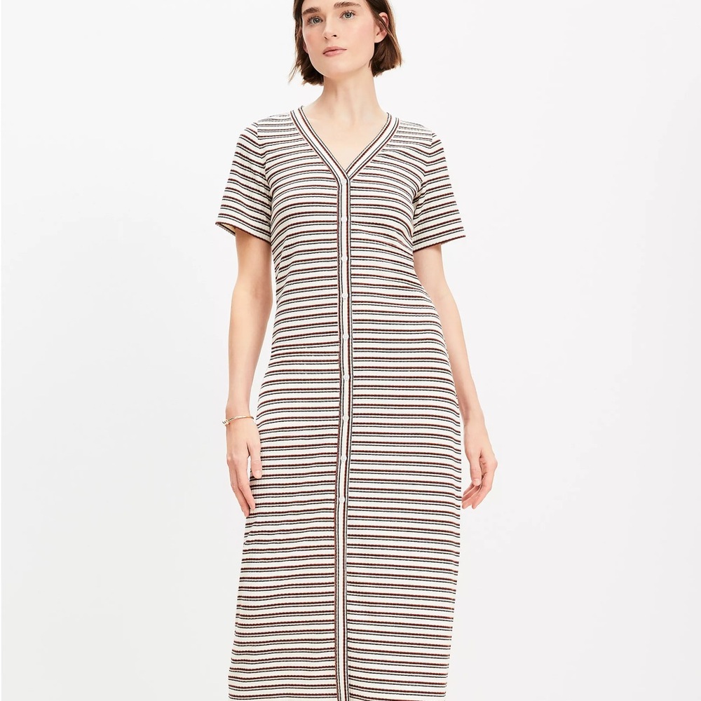 LOFT Stripe Ribbed V-Neck Midi Dress